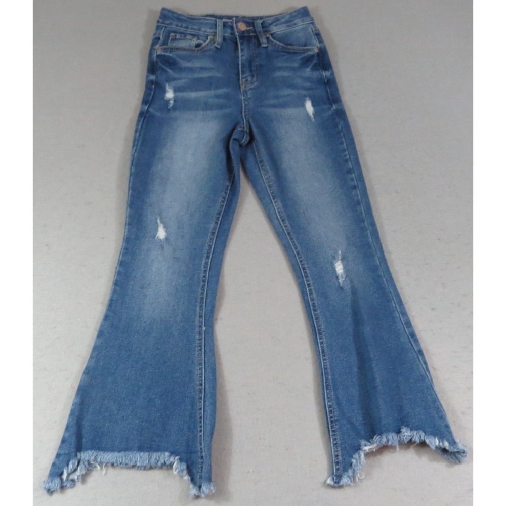 YMI Dream Jeans 1/25 High Rise Flare Distressed Raw Hem Denim Stretch Blue Women